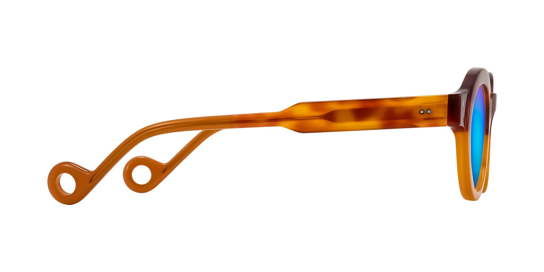 Side of Aldo in Light Tortoise/Caramel with Blue Mirrored Lenses