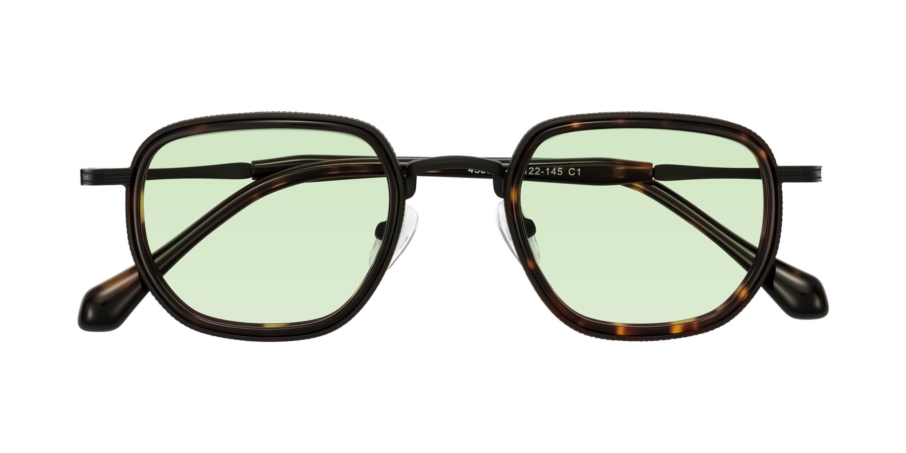 Folded Front of Hunter in Matte Black/Tortoise with Light Green Tinted Lenses