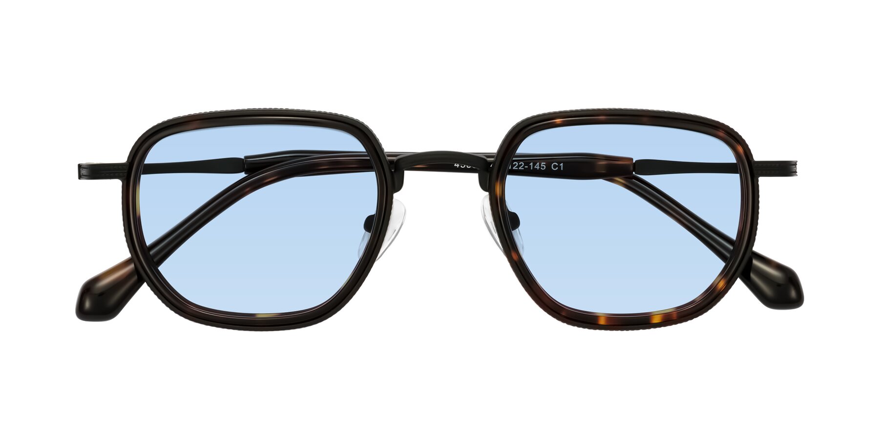 Folded Front of Hunter in Matte Black/Tortoise with Light Blue Tinted Lenses