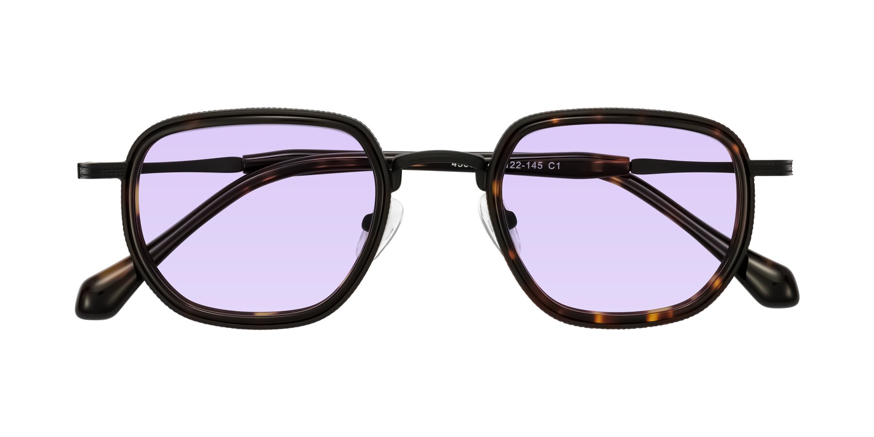 Folded Front of Hunter in Matte Black/Tortoise with Light Purple Tinted Lenses