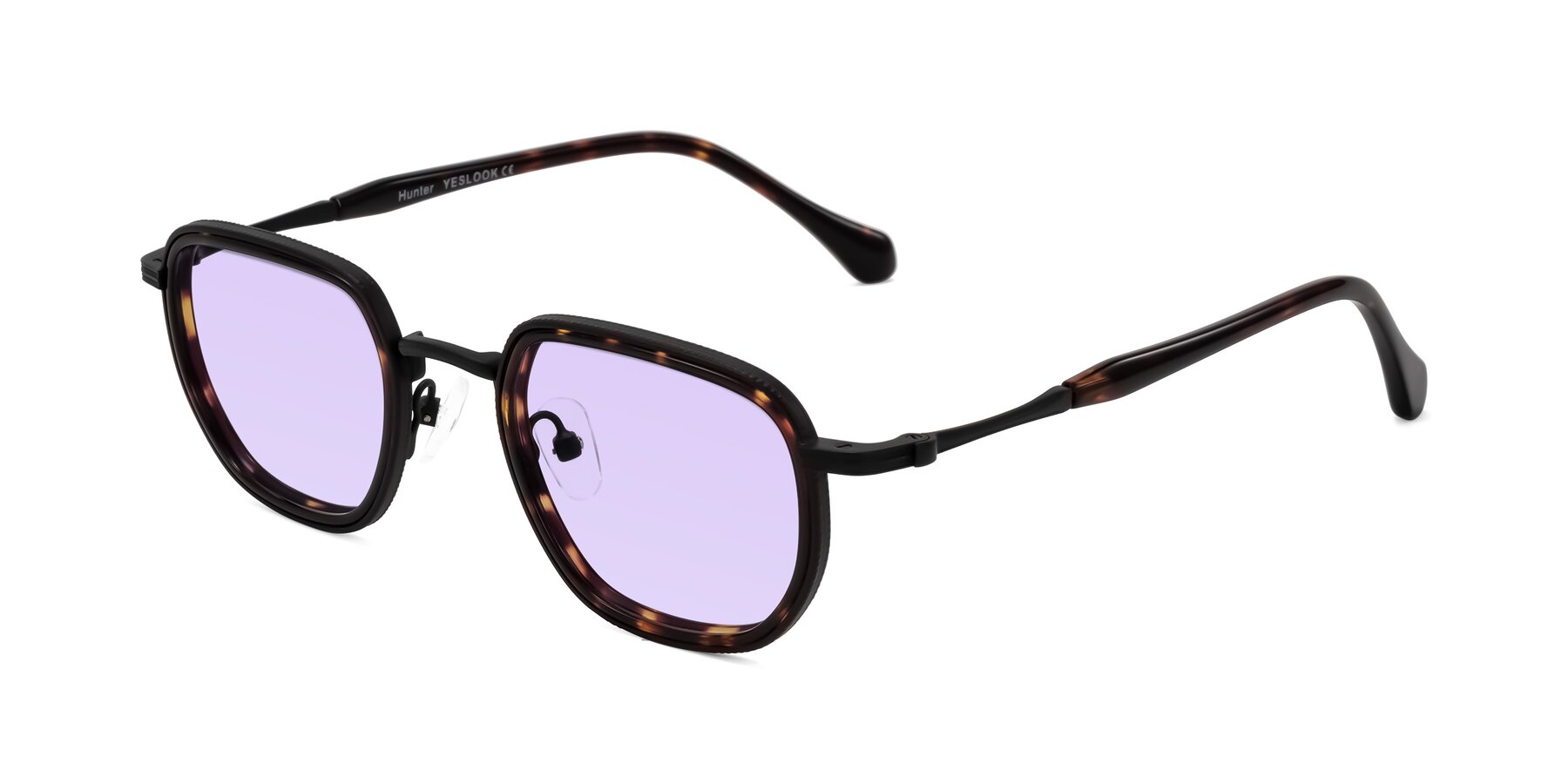 Angle of Hunter in Matte Black/Tortoise with Light Purple Tinted Lenses