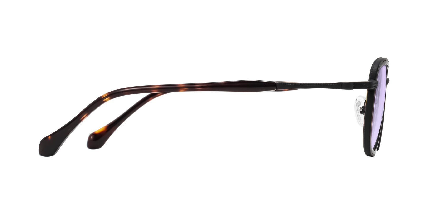 Side of Hunter in Matte Black/Tortoise with Light Purple Tinted Lenses