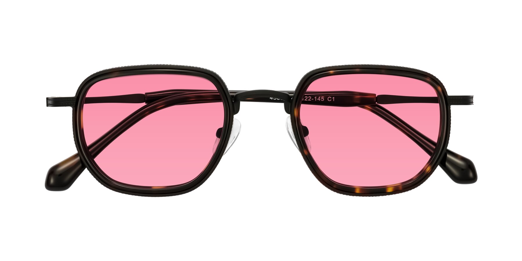 Folded Front of Hunter in Matte Black/Tortoise with Pink Tinted Lenses