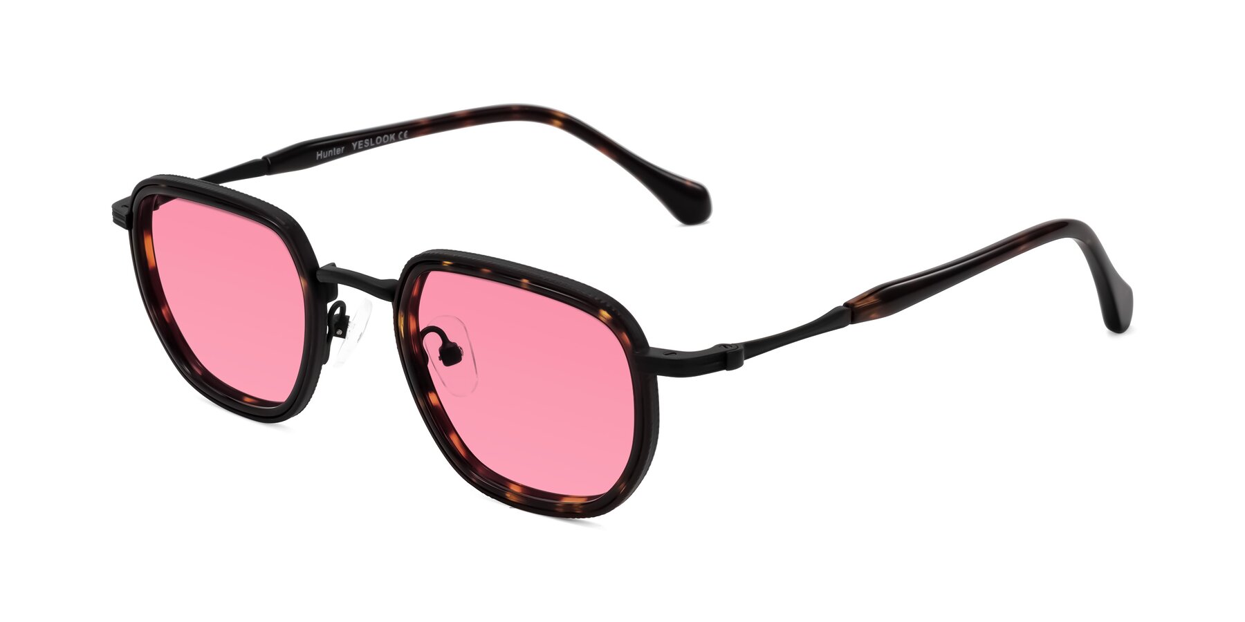 Angle of Hunter in Matte Black/Tortoise with Pink Tinted Lenses