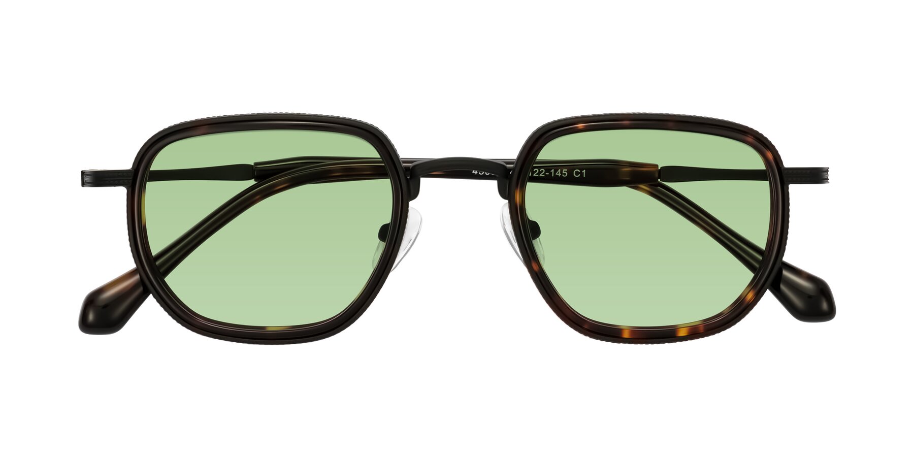 Folded Front of Hunter in Matte Black/Tortoise with Medium Green Tinted Lenses