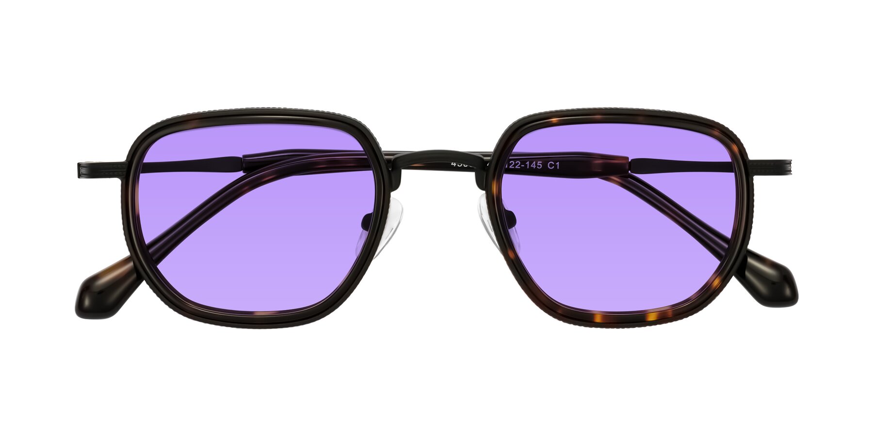 Folded Front of Hunter in Matte Black/Tortoise with Medium Purple Tinted Lenses