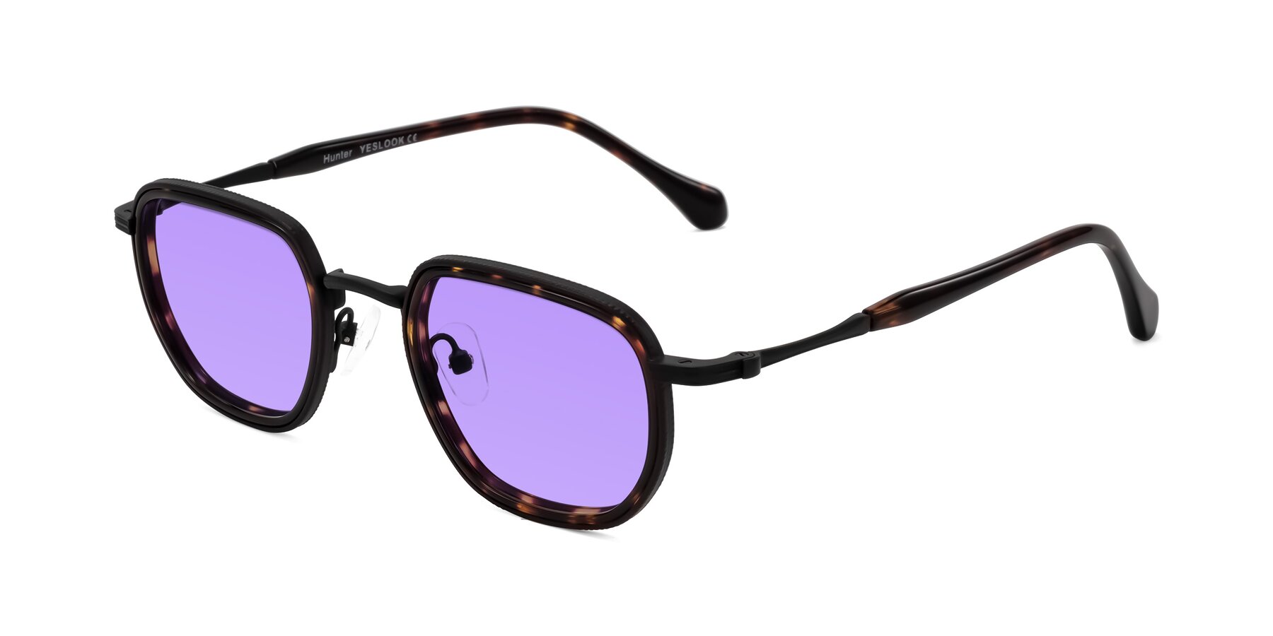 Angle of Hunter in Matte Black/Tortoise with Medium Purple Tinted Lenses