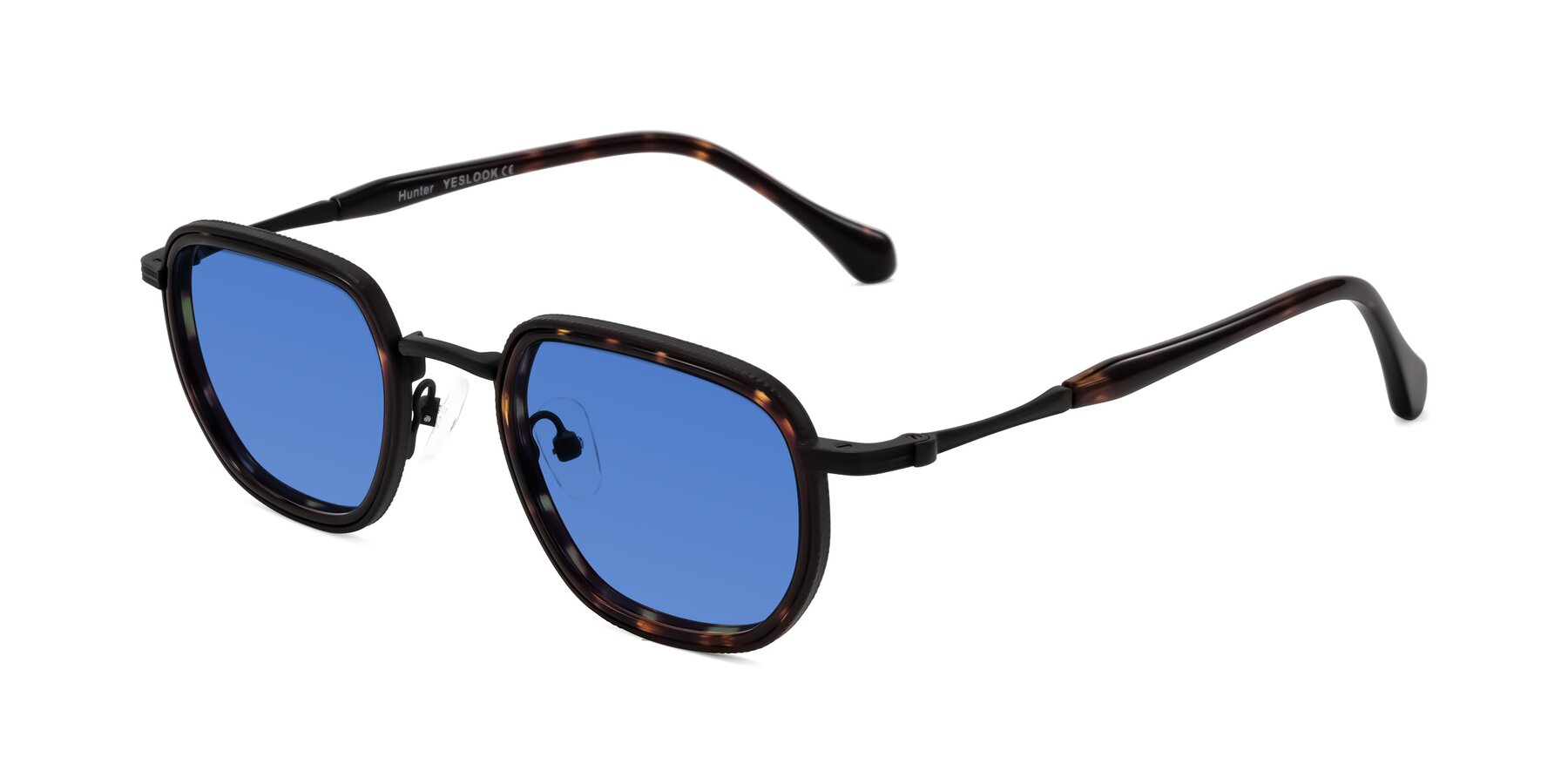 Angle of Hunter in Matte Black/Tortoise with Blue Tinted Lenses