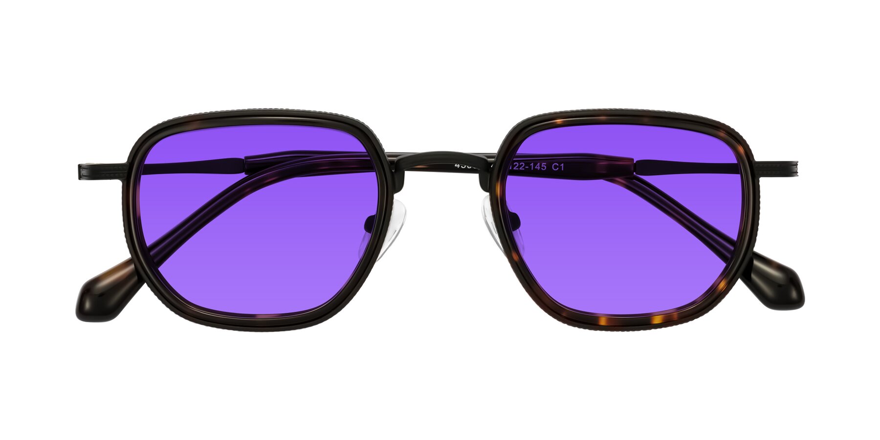Folded Front of Hunter in Matte Black/Tortoise with Purple Tinted Lenses