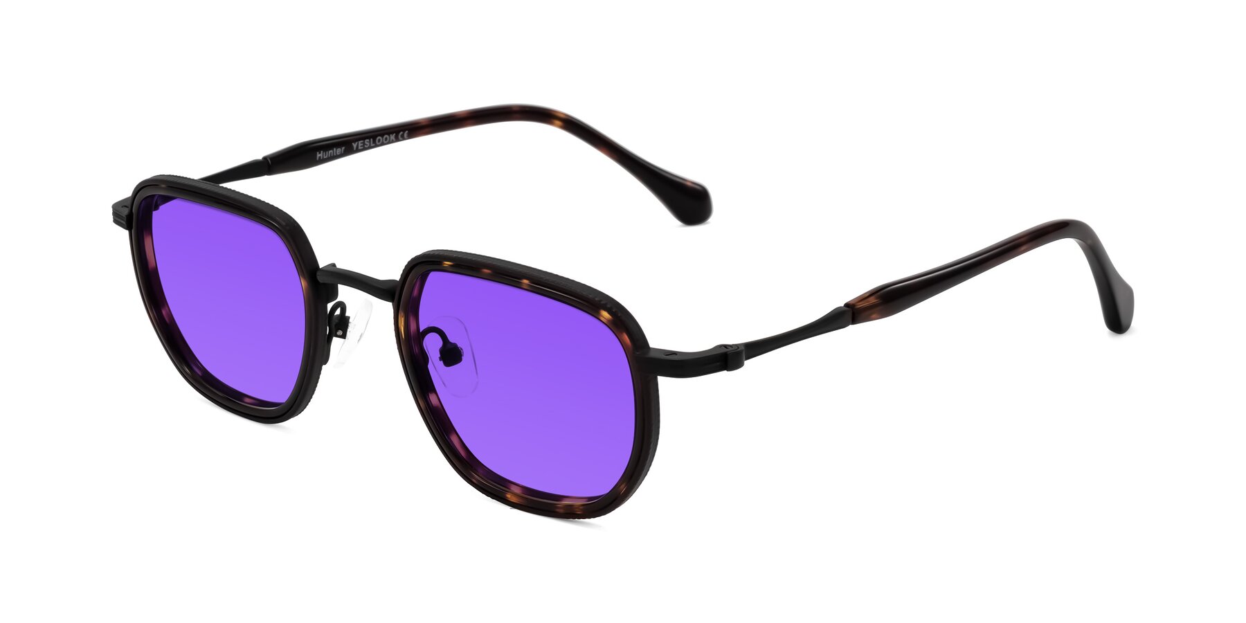 Angle of Hunter in Matte Black/Tortoise with Purple Tinted Lenses