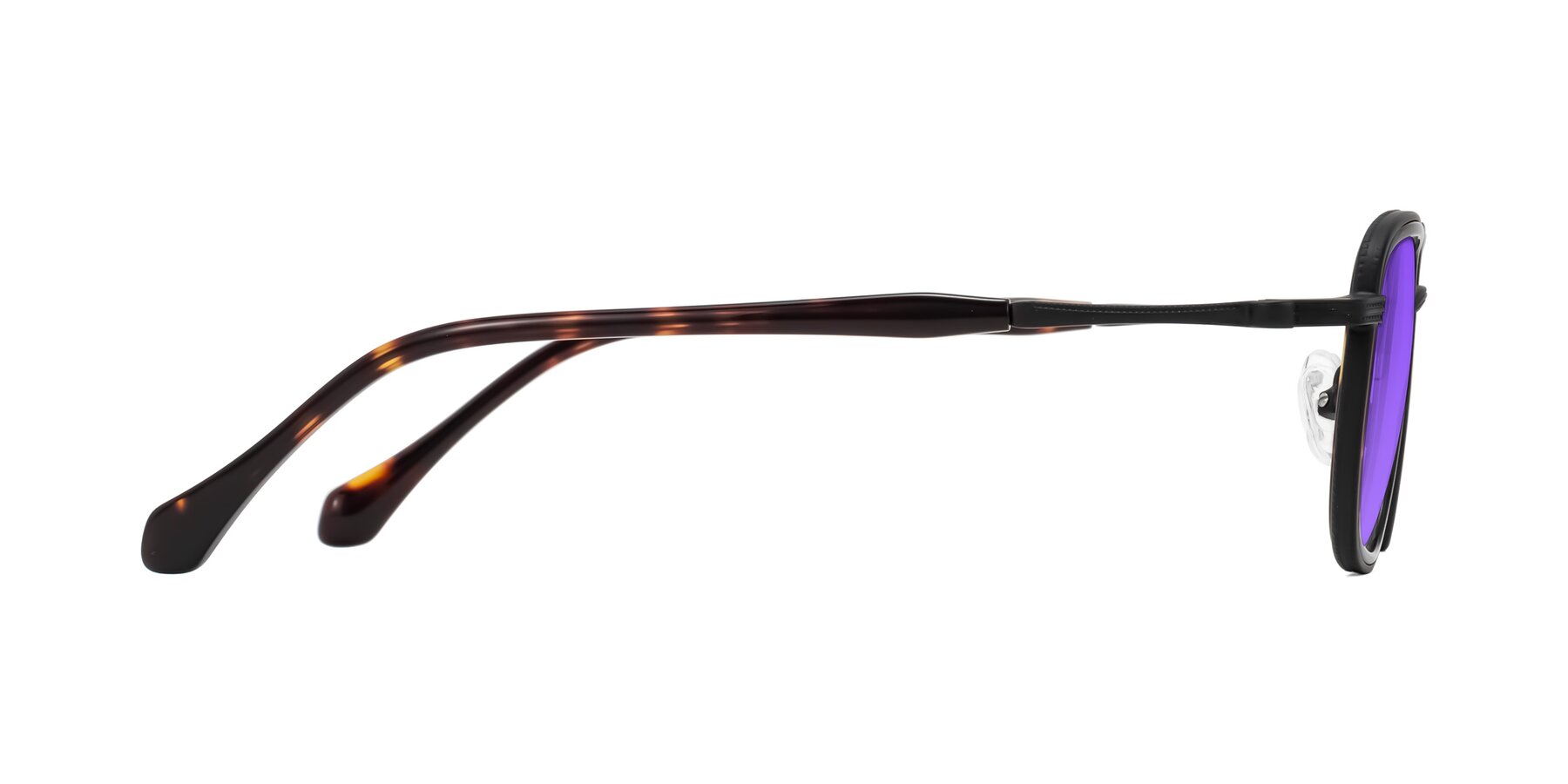 Side of Hunter in Matte Black/Tortoise with Purple Tinted Lenses