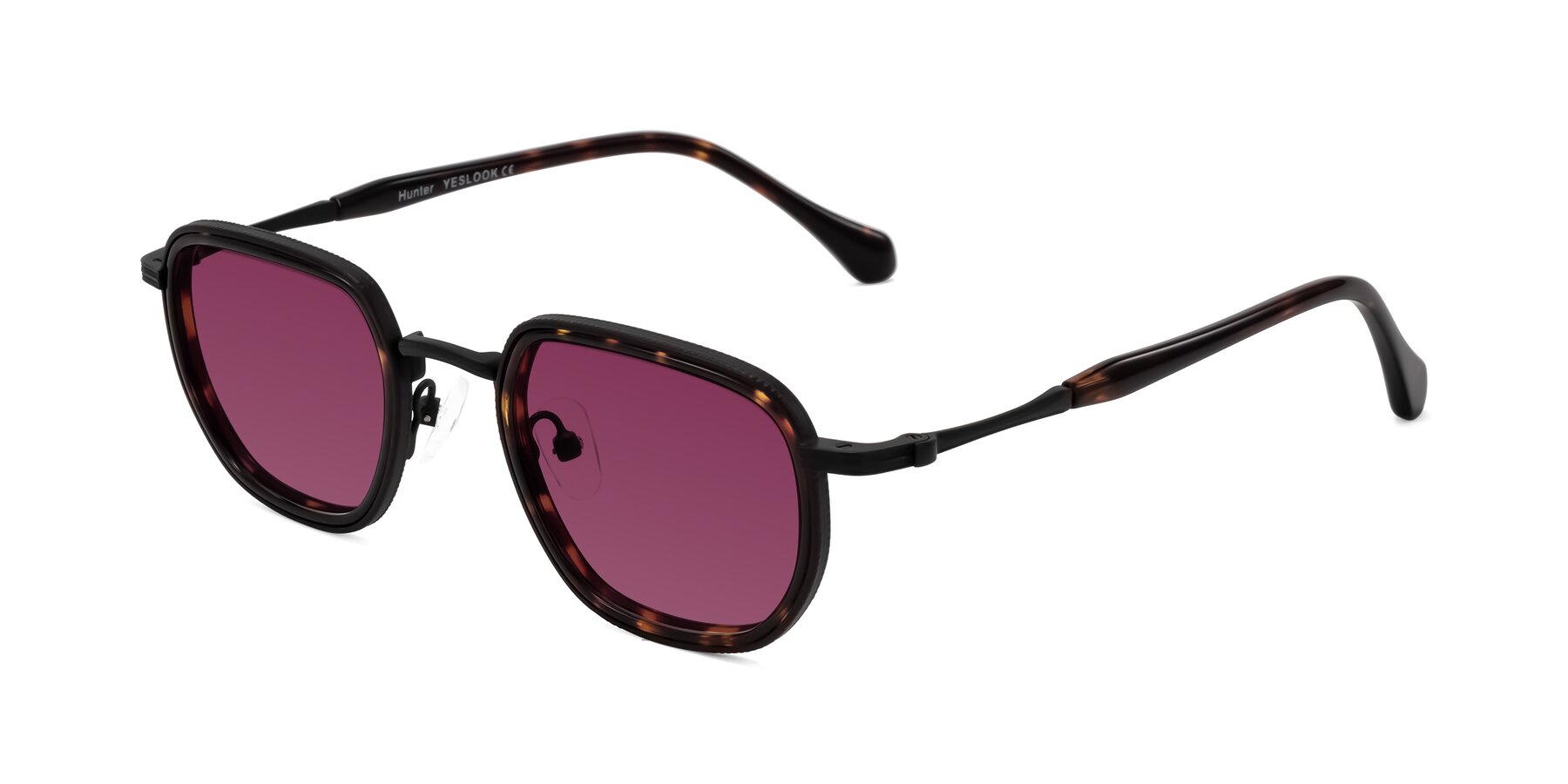 Angle of Hunter in Matte Black/Tortoise with Wine Tinted Lenses