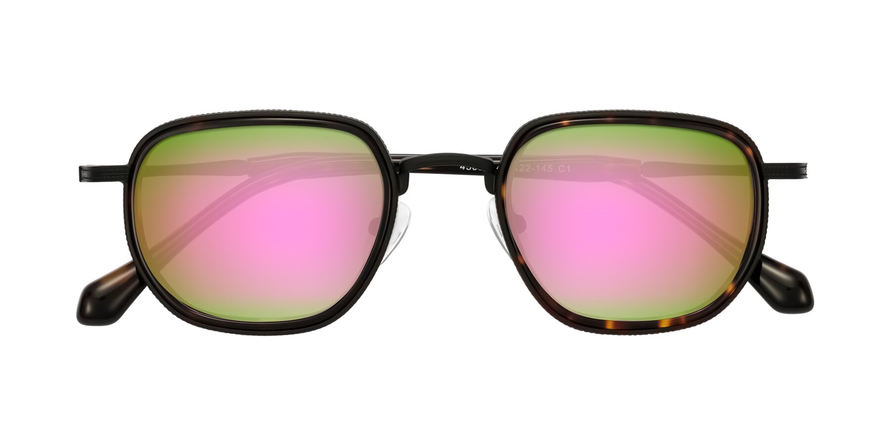 Folded Front of Hunter in Matte Black/Tortoise with Pink Mirrored Lenses