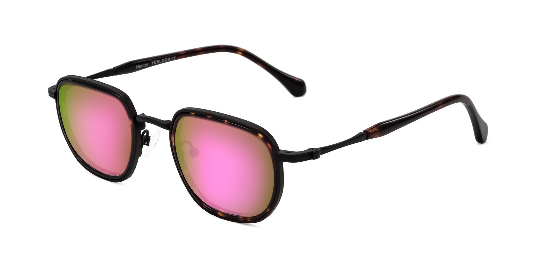 Angle of Hunter in Matte Black/Tortoise with Pink Mirrored Lenses