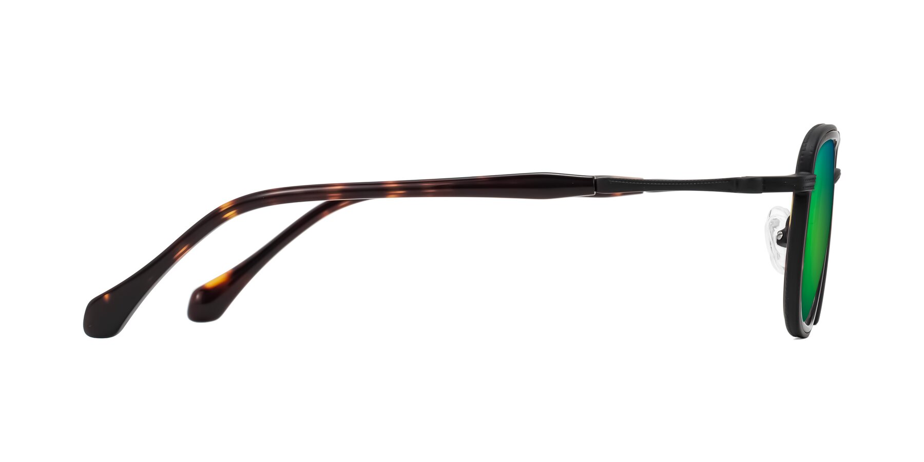 Side of Hunter in Matte Black/Tortoise with Green Mirrored Lenses