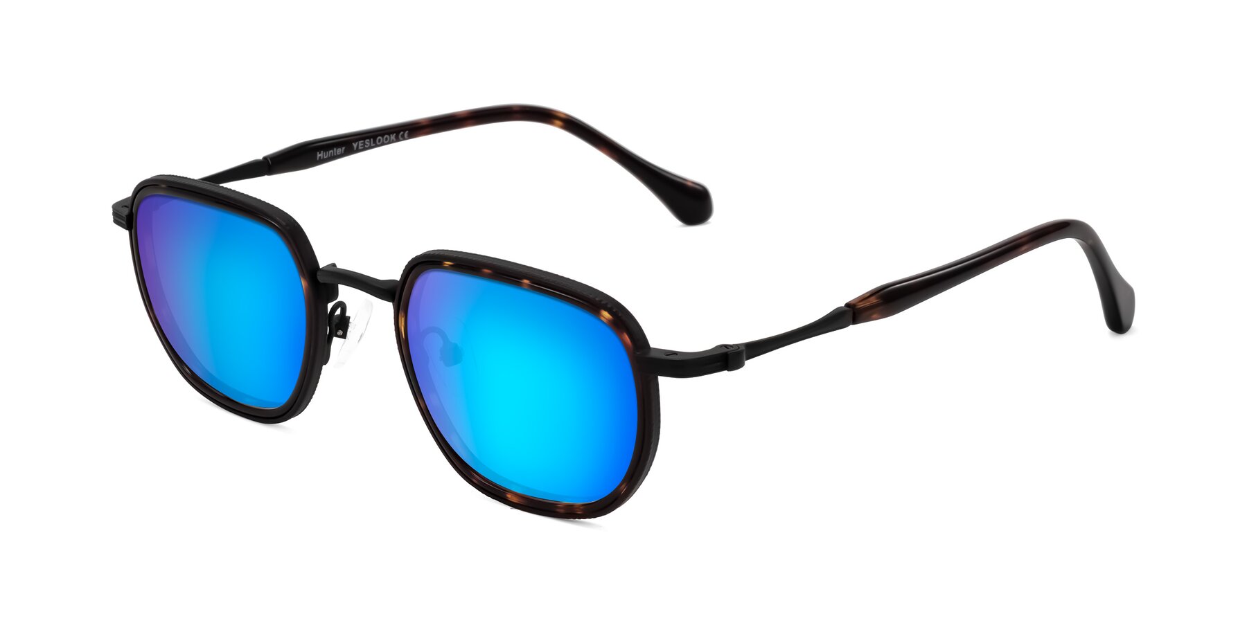 Angle of Hunter in Matte Black/Tortoise with Blue Mirrored Lenses
