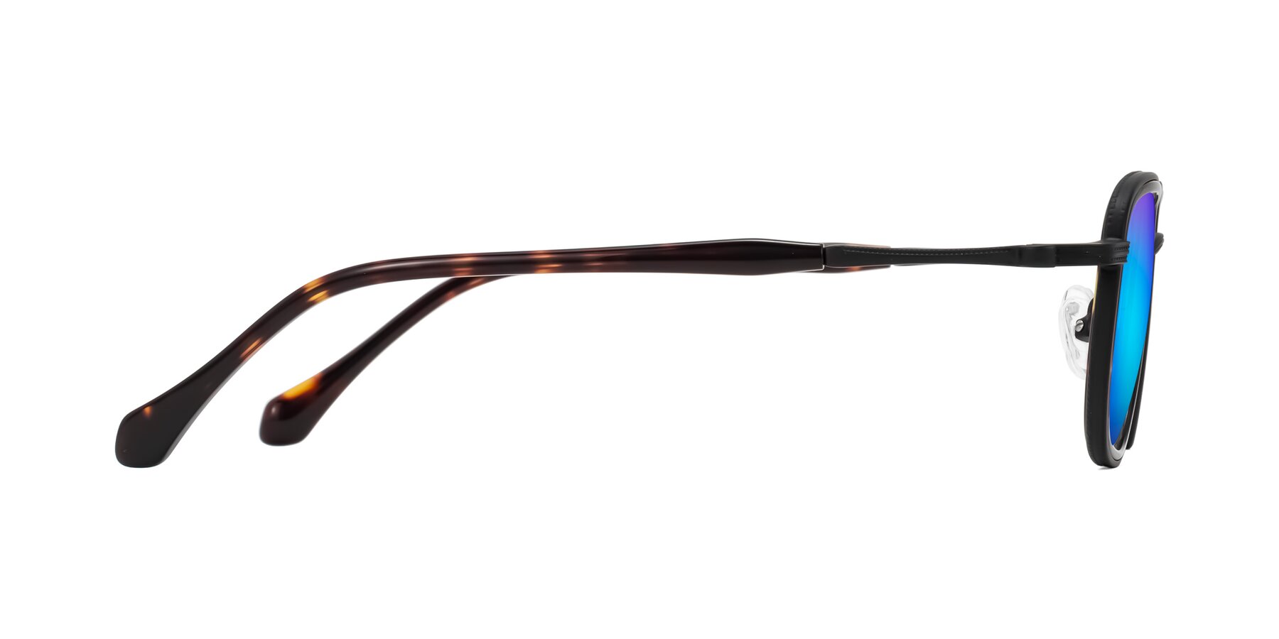 Side of Hunter in Matte Black/Tortoise with Blue Mirrored Lenses