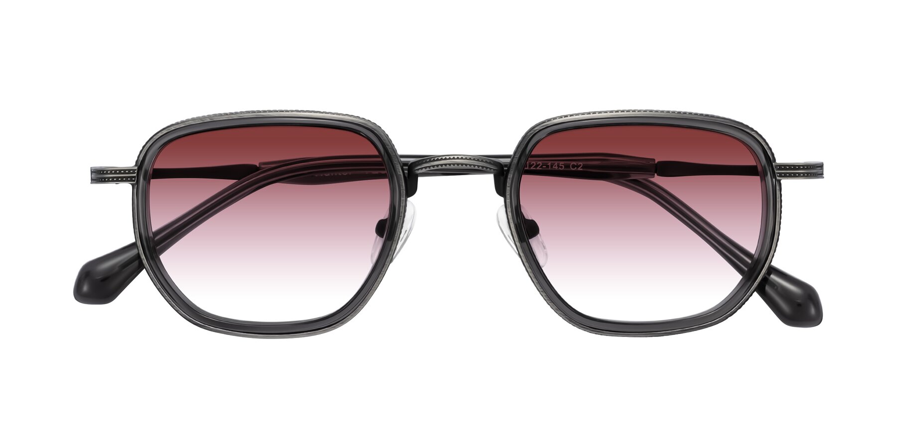 Folded Front of Hunter in Gunmetal/Gray with Garnet Gradient Lenses