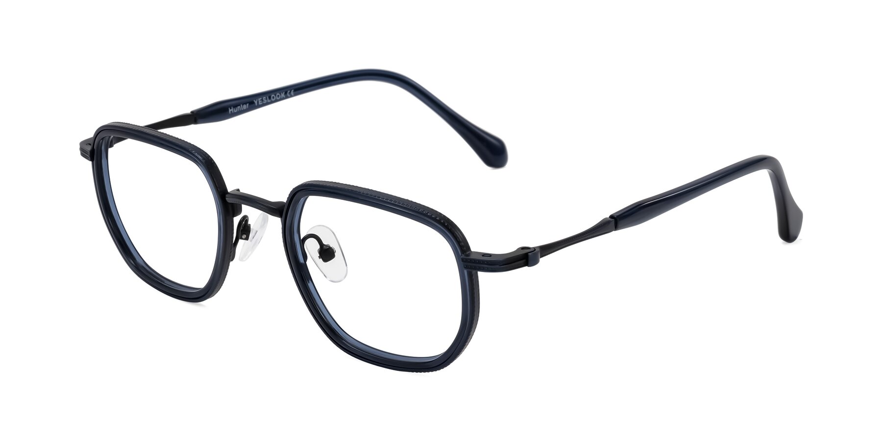Angle of Hunter in Midnight Blue with Clear Eyeglass Lenses