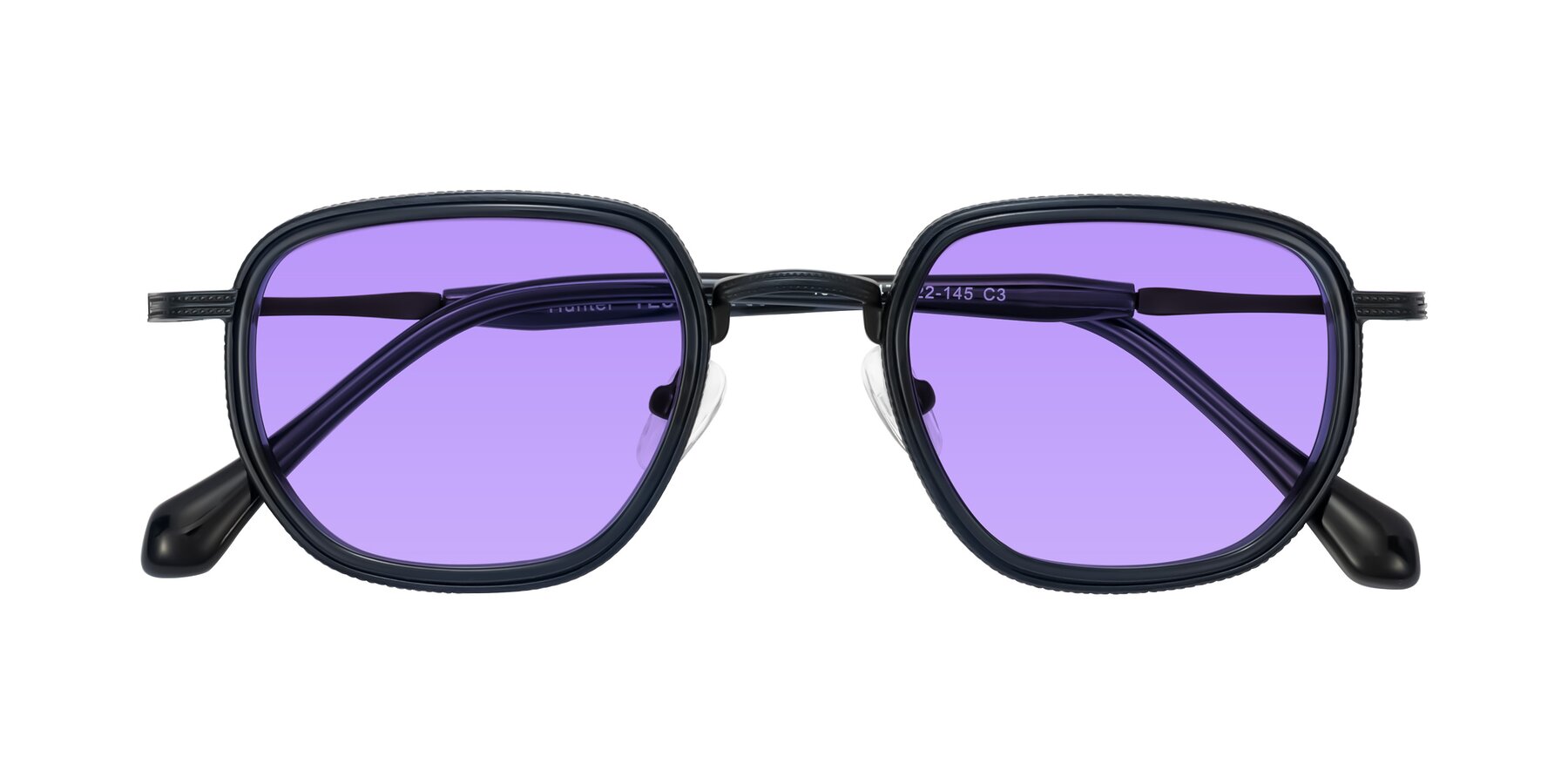 Folded Front of Hunter in Midnight Blue with Medium Purple Tinted Lenses