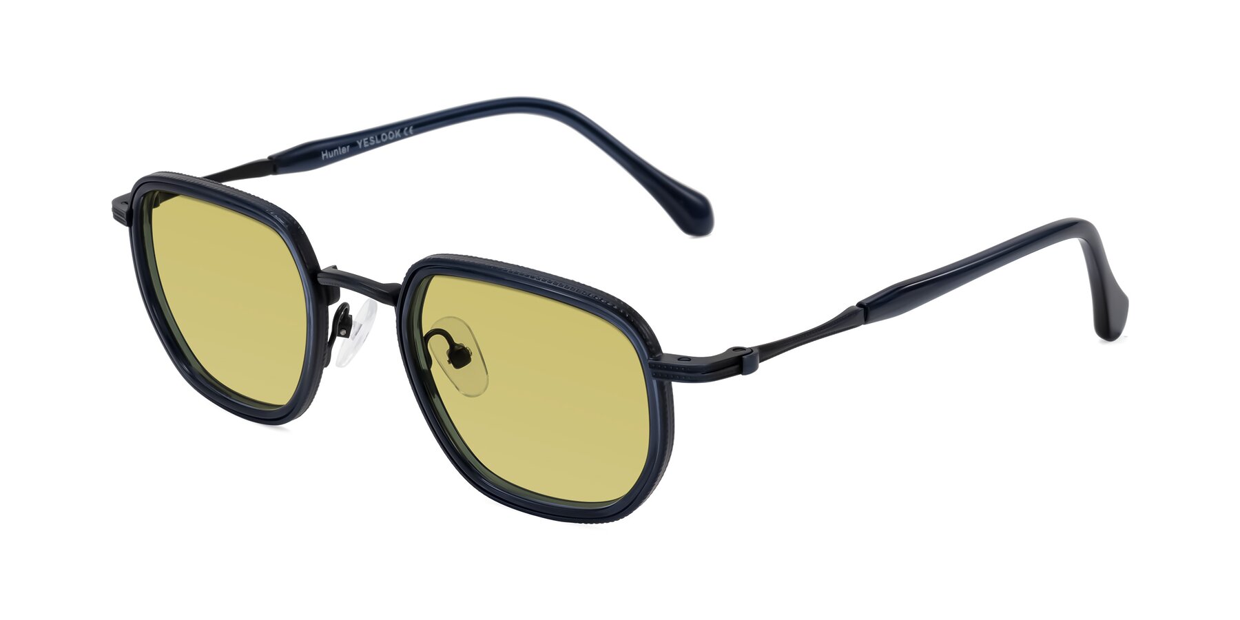 Angle of Hunter in Midnight Blue with Medium Champagne Tinted Lenses