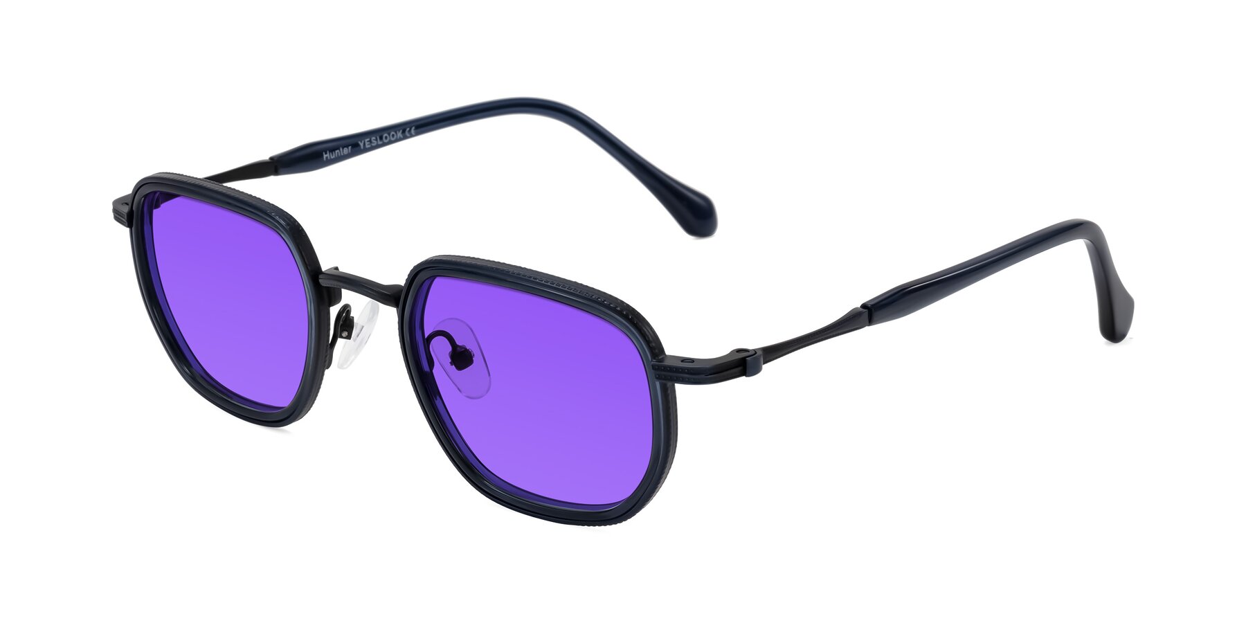 Angle of Hunter in Midnight Blue with Purple Tinted Lenses
