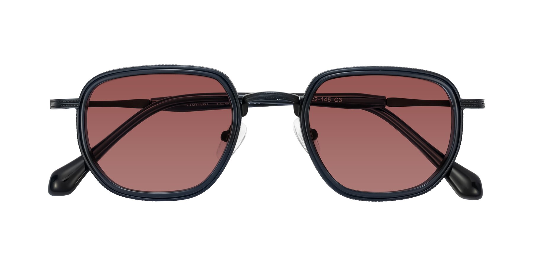 Folded Front of Hunter in Midnight Blue with Garnet Tinted Lenses