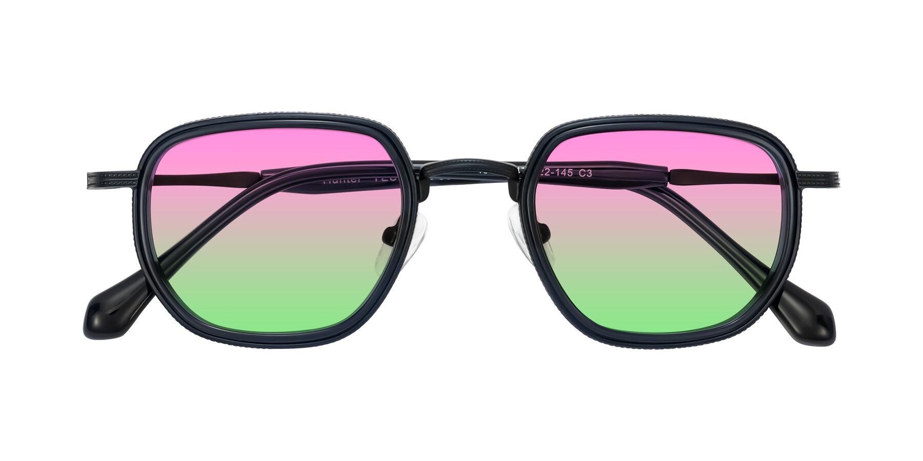 Folded Front of Hunter in Midnight Blue with Pink / Green Gradient Lenses