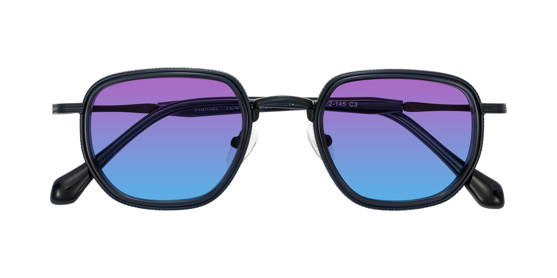 Folded Front of Hunter in Midnight Blue with Purple / Blue Gradient Lenses