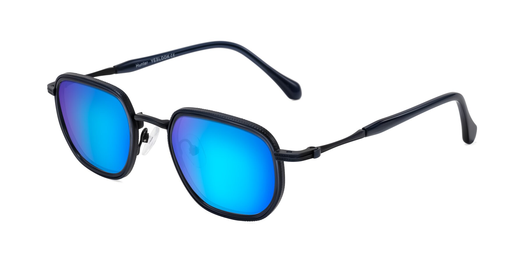 Angle of Hunter in Midnight Blue with Blue Mirrored Lenses