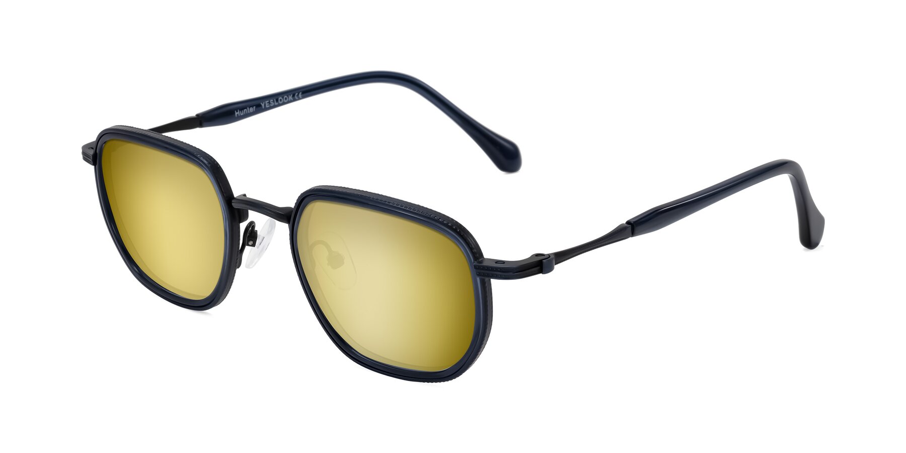 Angle of Hunter in Midnight Blue with Gold Mirrored Lenses
