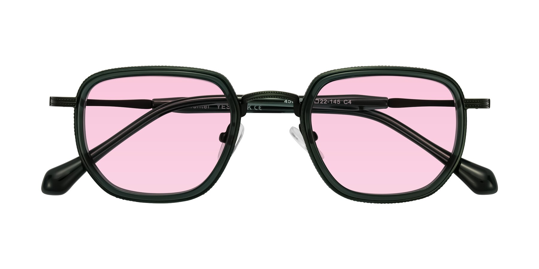 Folded Front of Hunter in Deep Forest Green with Light Pink Tinted Lenses