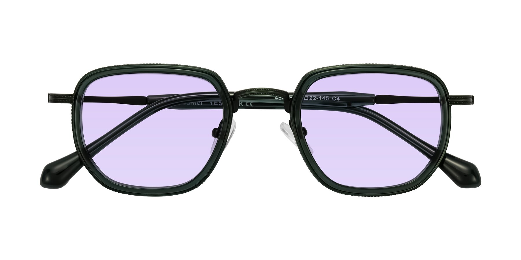 Folded Front of Hunter in Deep Forest Green with Light Purple Tinted Lenses
