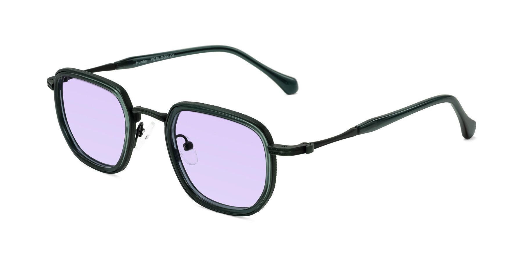 Angle of Hunter in Deep Forest Green with Light Purple Tinted Lenses