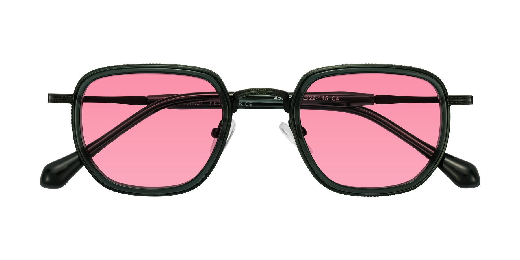 Folded Front of Hunter in Deep Forest Green with Pink Tinted Lenses