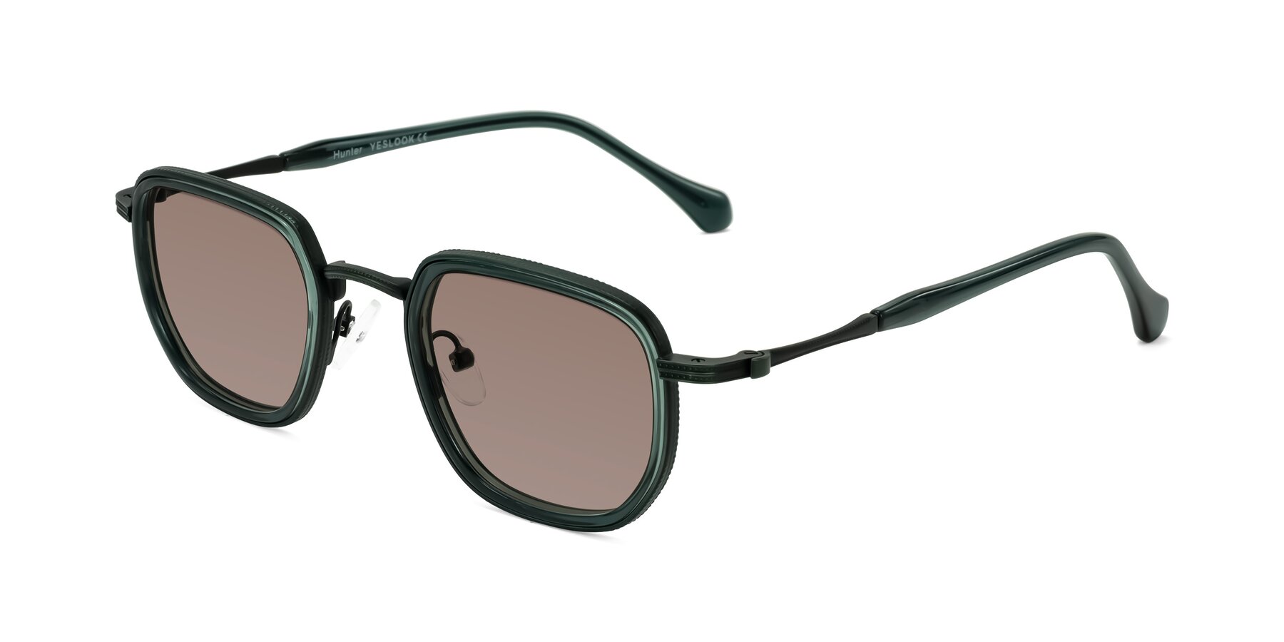 Angle of Hunter in Deep Forest Green with Medium Brown Tinted Lenses