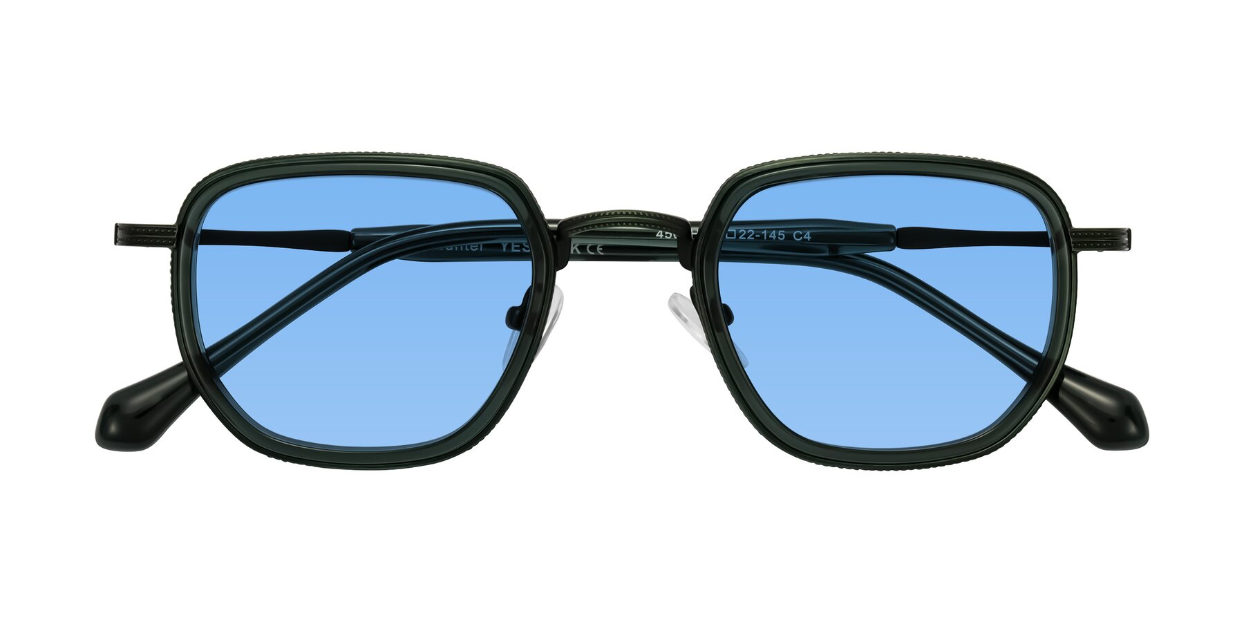 Folded Front of Hunter in Deep Forest Green with Medium Blue Tinted Lenses