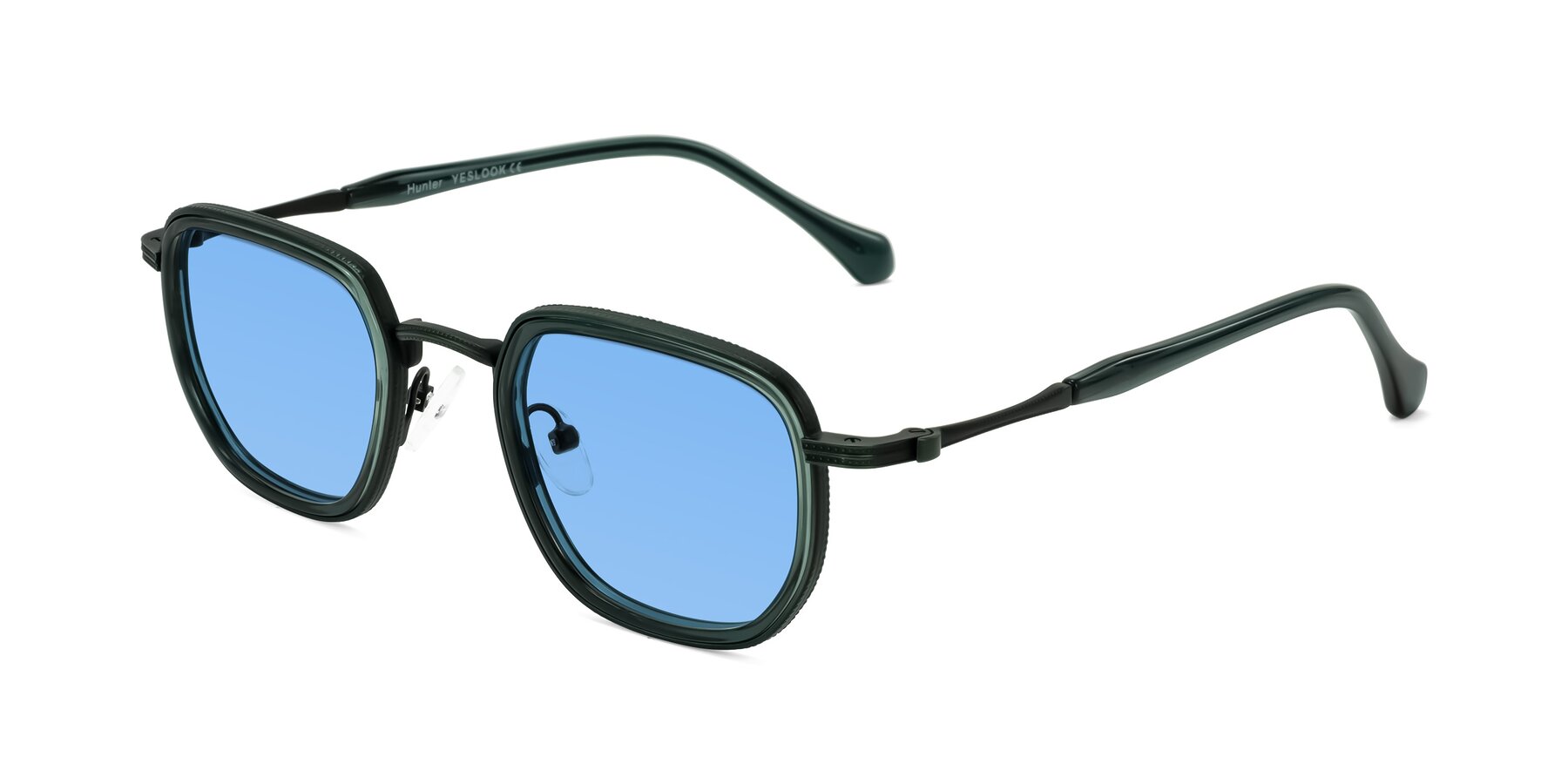 Angle of Hunter in Deep Forest Green with Medium Blue Tinted Lenses