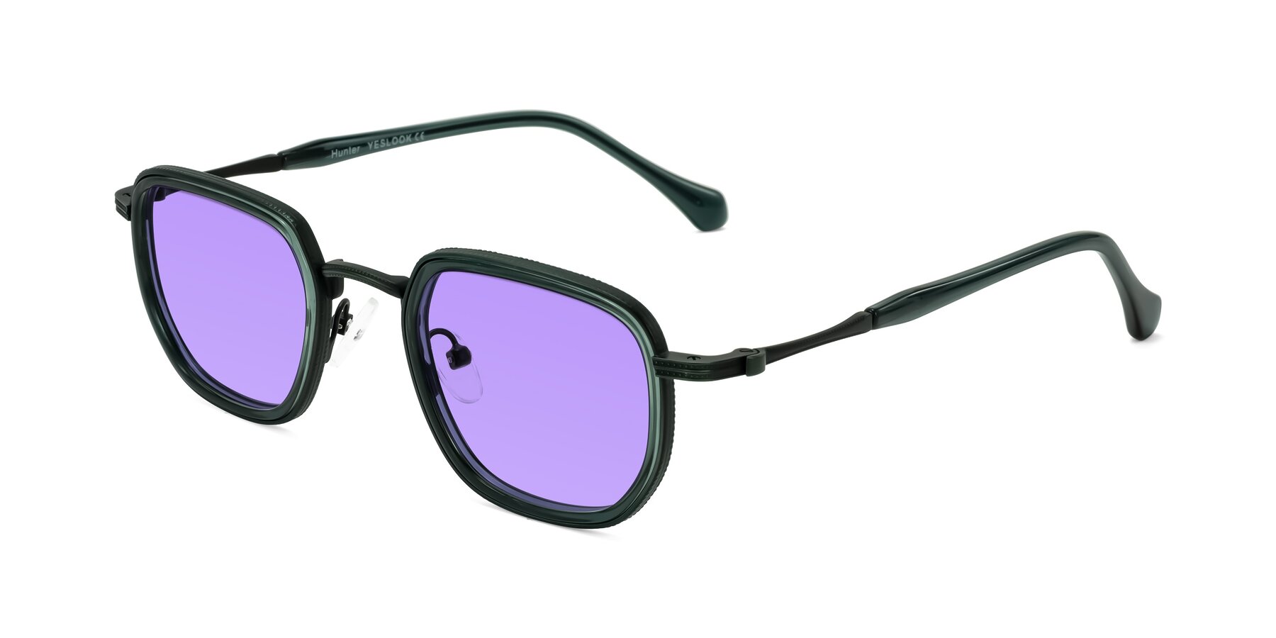 Angle of Hunter in Deep Forest Green with Medium Purple Tinted Lenses