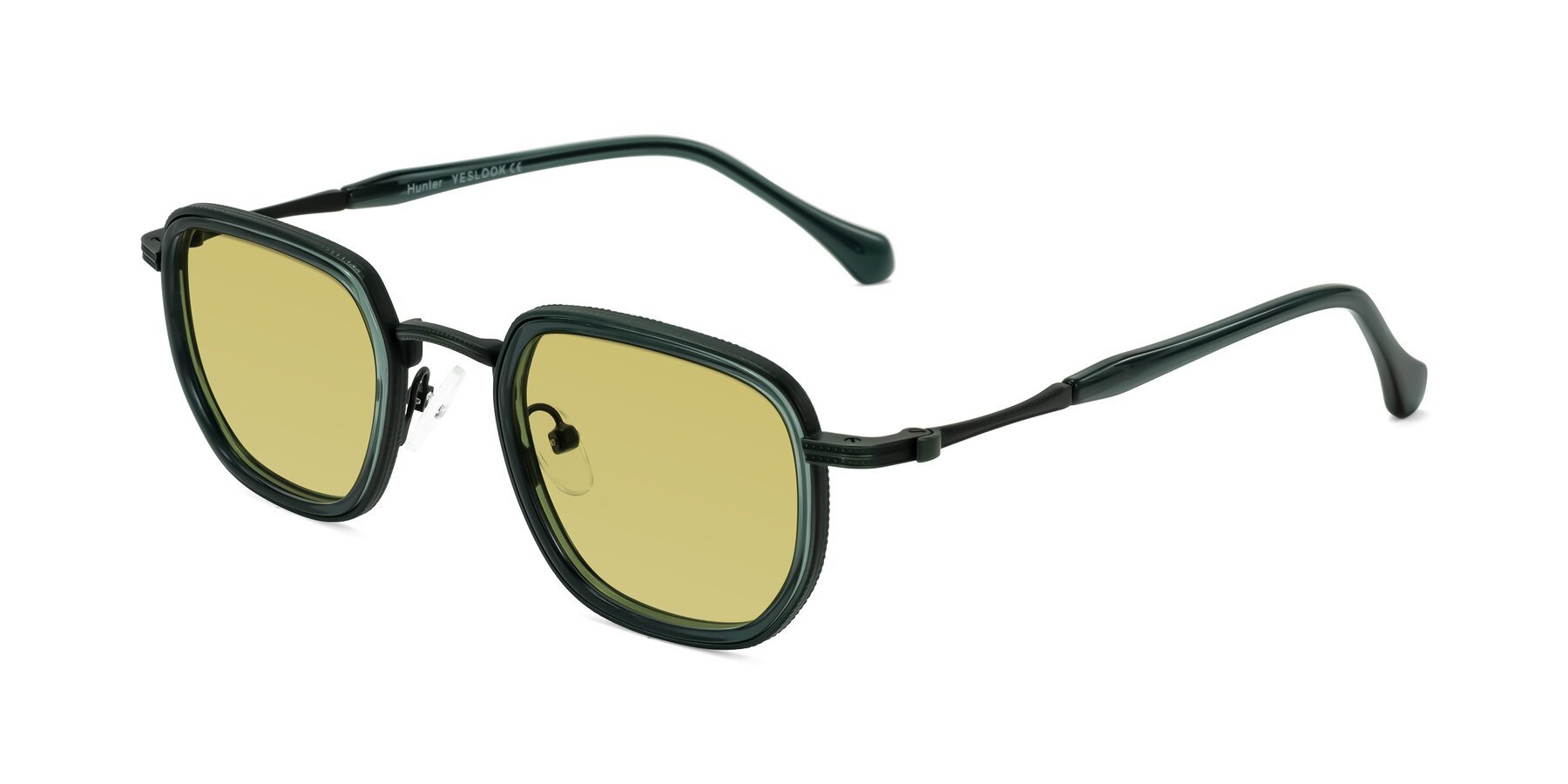 Angle of Hunter in Deep Forest Green with Medium Champagne Tinted Lenses