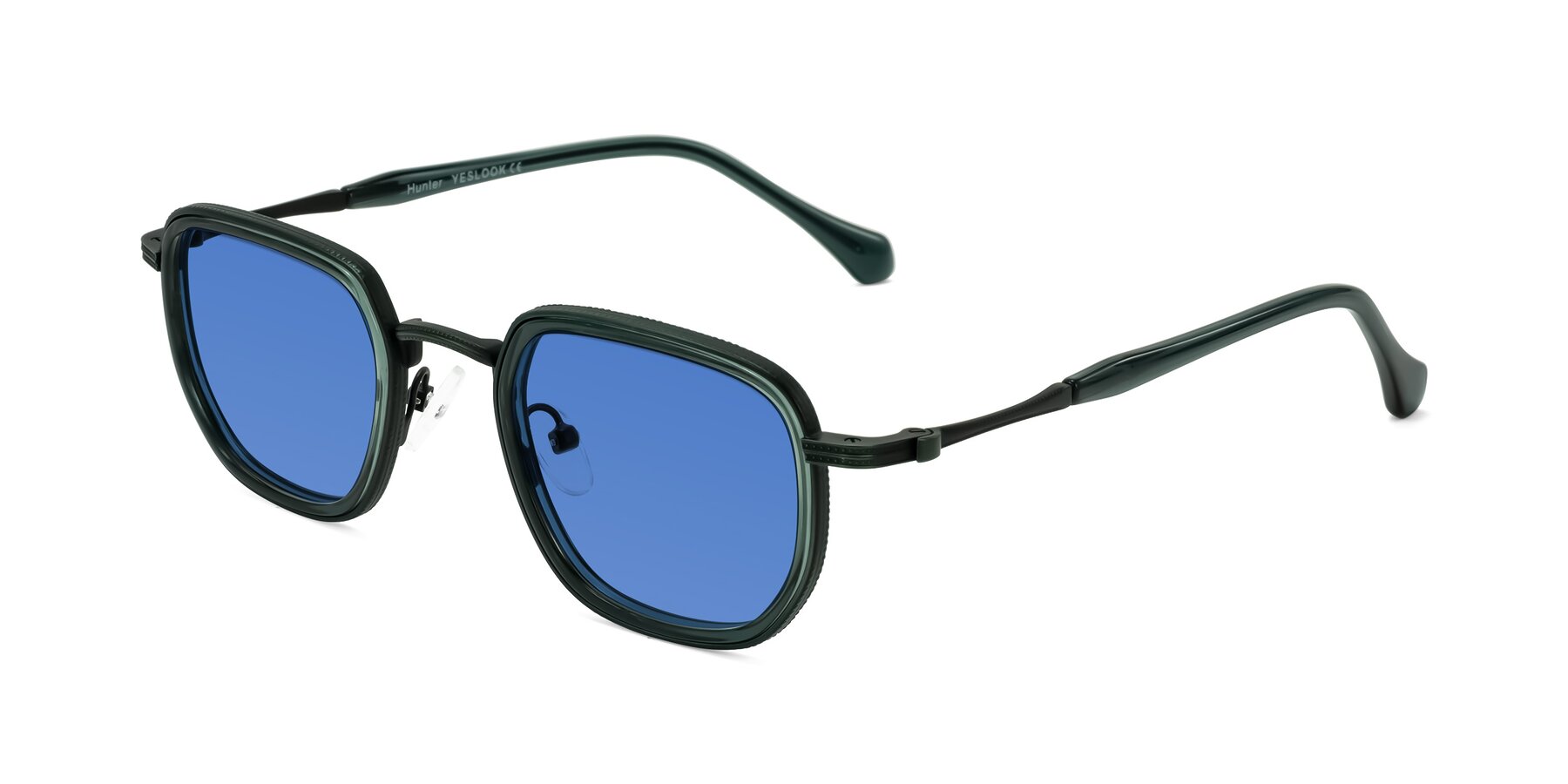 Angle of Hunter in Deep Forest Green with Blue Tinted Lenses