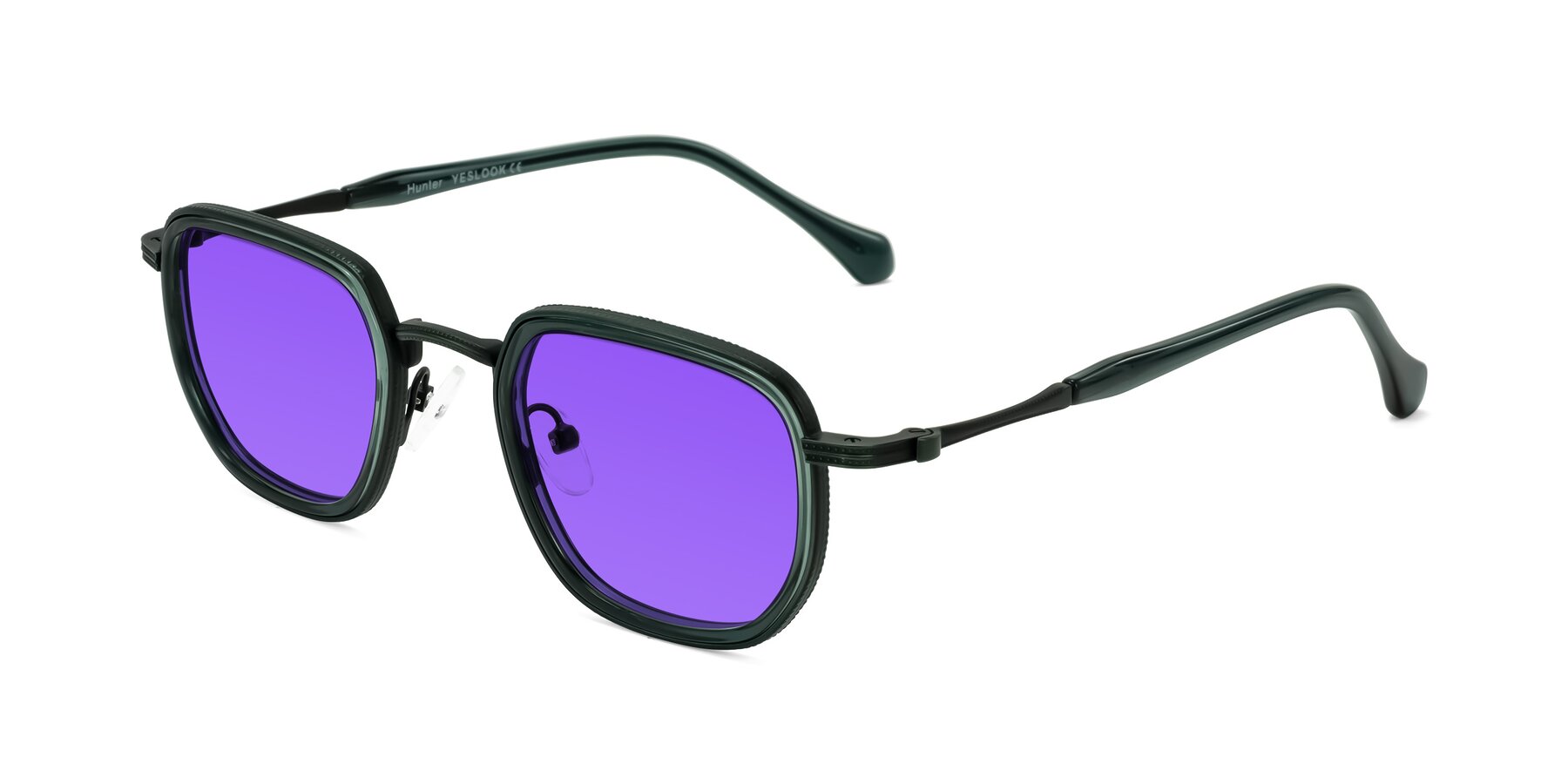 Angle of Hunter in Deep Forest Green with Purple Tinted Lenses