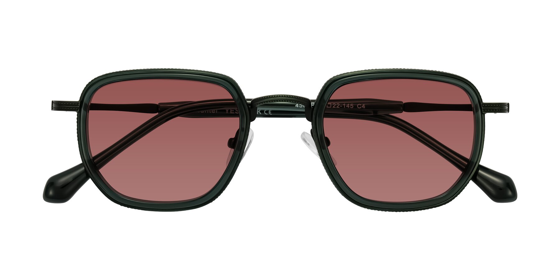 Folded Front of Hunter in Deep Forest Green with Garnet Tinted Lenses