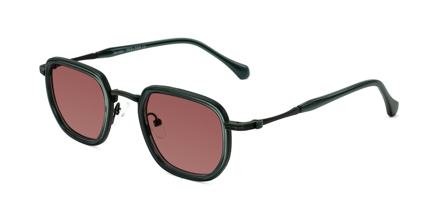 Angle of Hunter in Deep Forest Green with Garnet Tinted Lenses