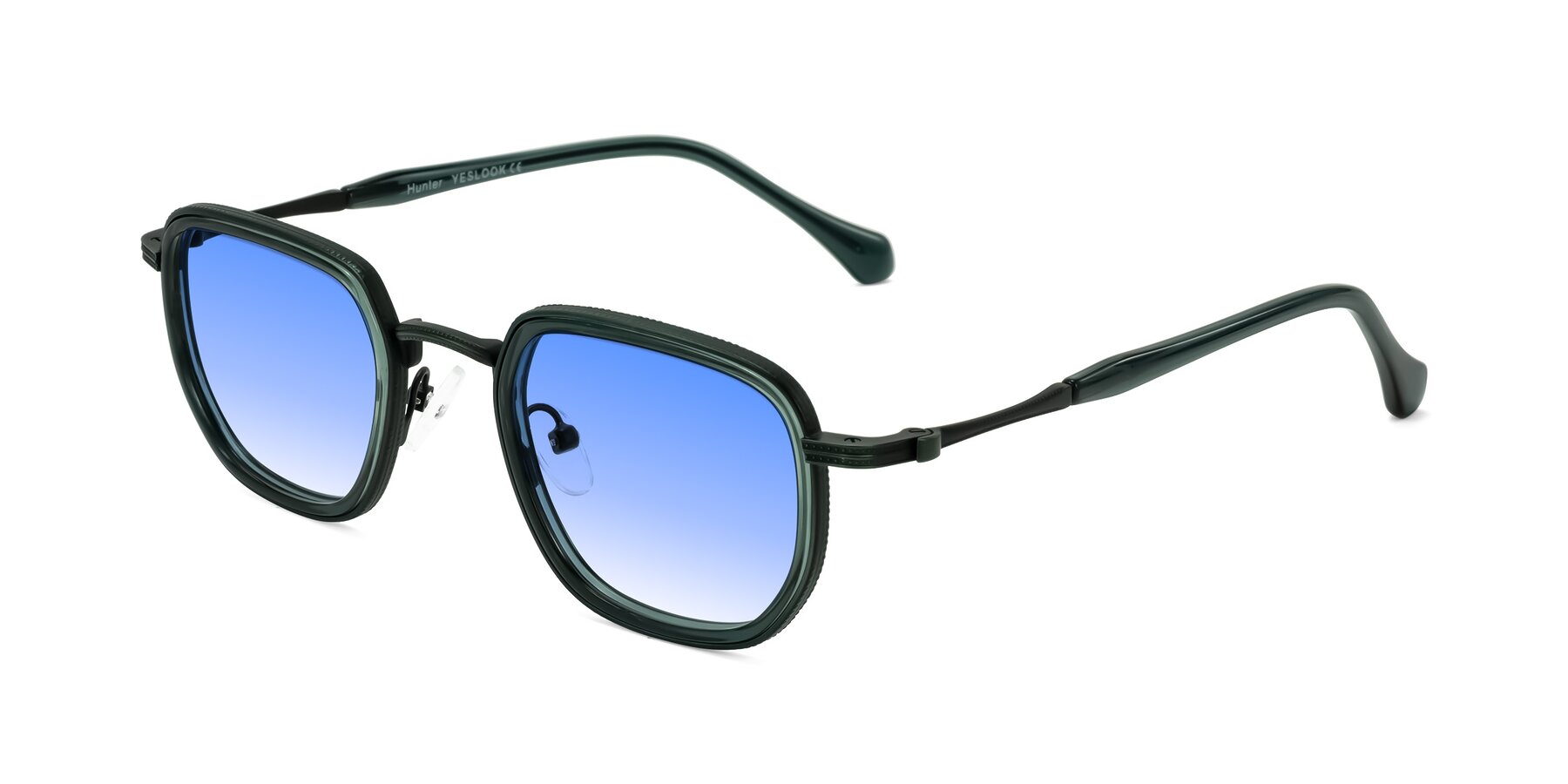 Angle of Hunter in Deep Forest Green with Blue Gradient Lenses