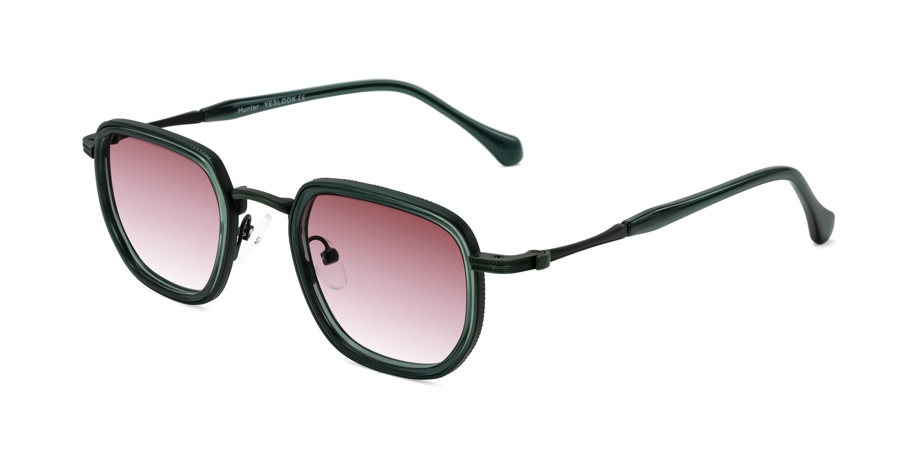Angle of Hunter in Deep Forest Green with Garnet Gradient Lenses