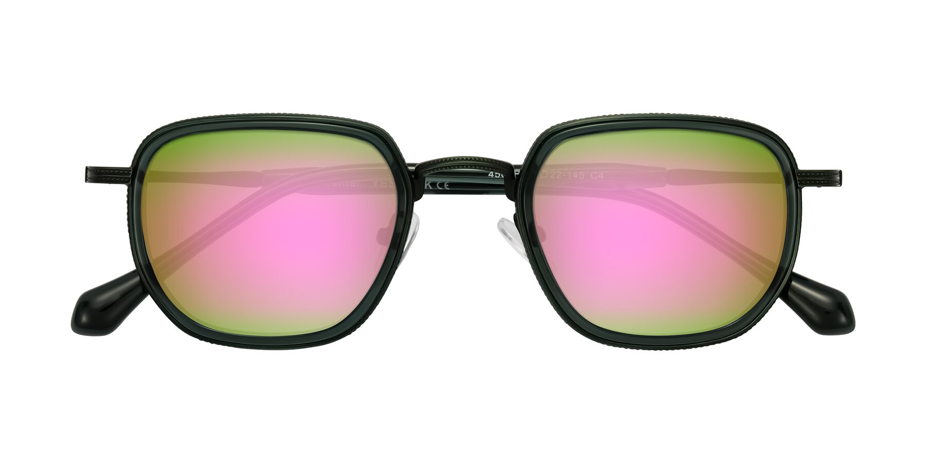 Folded Front of Hunter in Deep Forest Green with Pink Mirrored Lenses