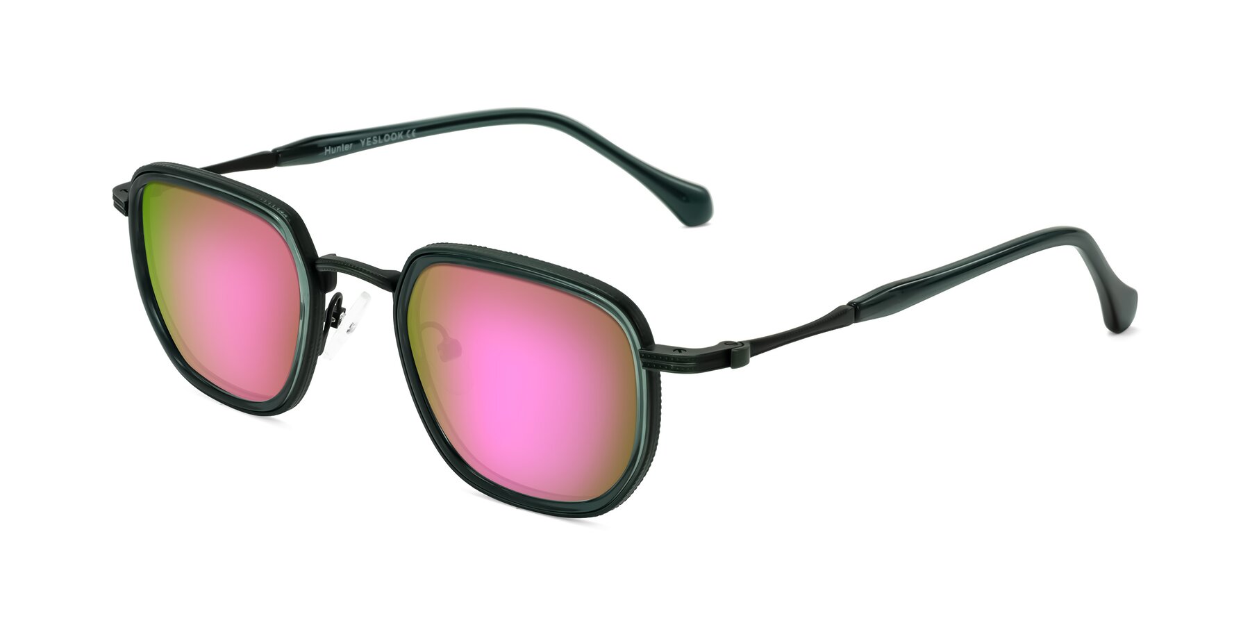 Angle of Hunter in Deep Forest Green with Pink Mirrored Lenses