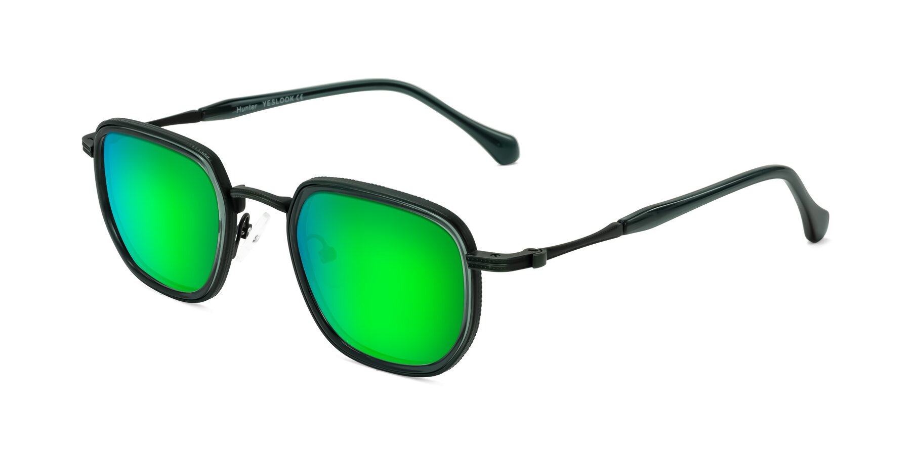 Angle of Hunter in Deep Forest Green with Green Mirrored Lenses