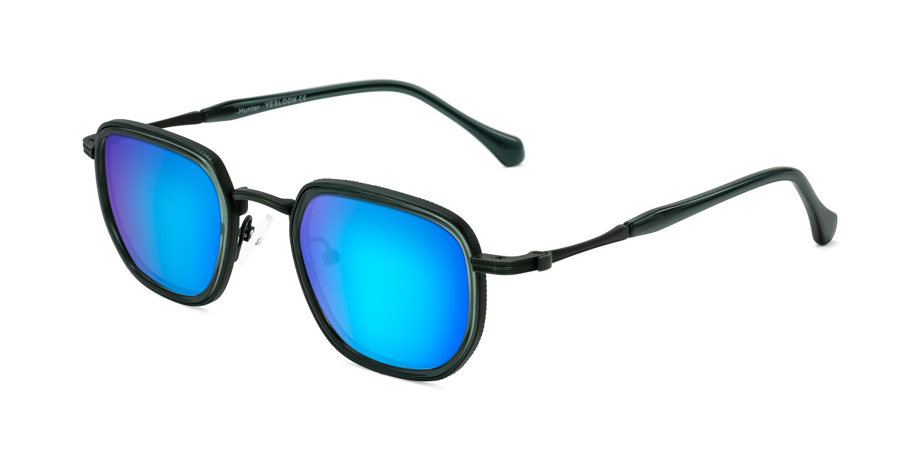 Angle of Hunter in Deep Forest Green with Blue Mirrored Lenses